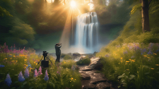 Create an ethereal landscape photograph showing a cascading waterfall with sun rays filtering through mist, surrounded by lush, green forests and vibrant wildflowers, showcasing a professional photogr