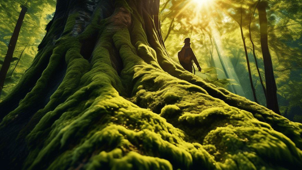 Close-up image of a professional photographer in a lush forest, capturing the intricate patterns and textures of a vibrant, moss-covered tree bark, with sunlight filtering through the leaves, creating