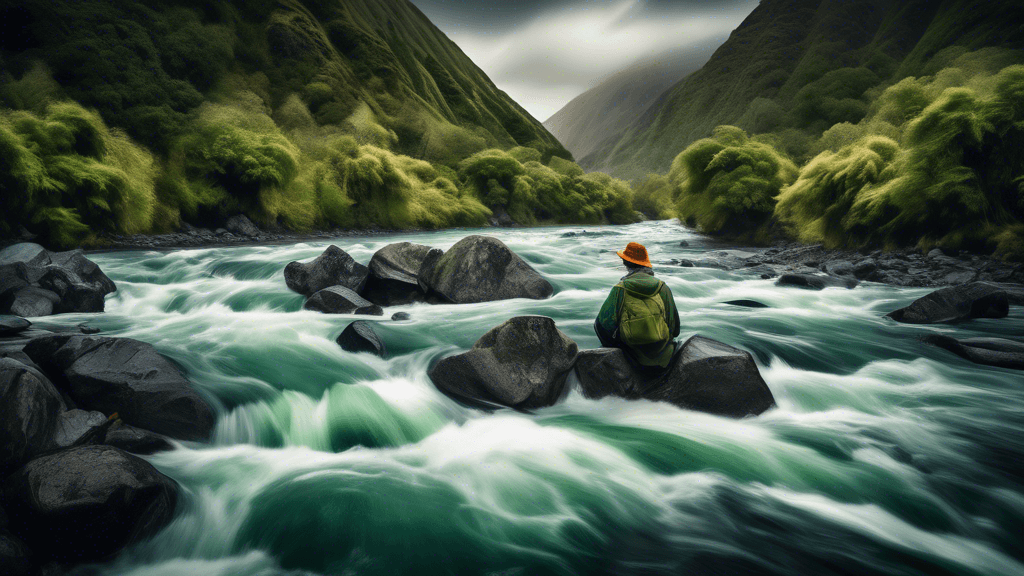 Dramatic image of a skilled photographer taking long exposure photos by the rushing waters of a wild river in the lush landscapes of New Zealand, capturing the silky texture of the water, surrounded b