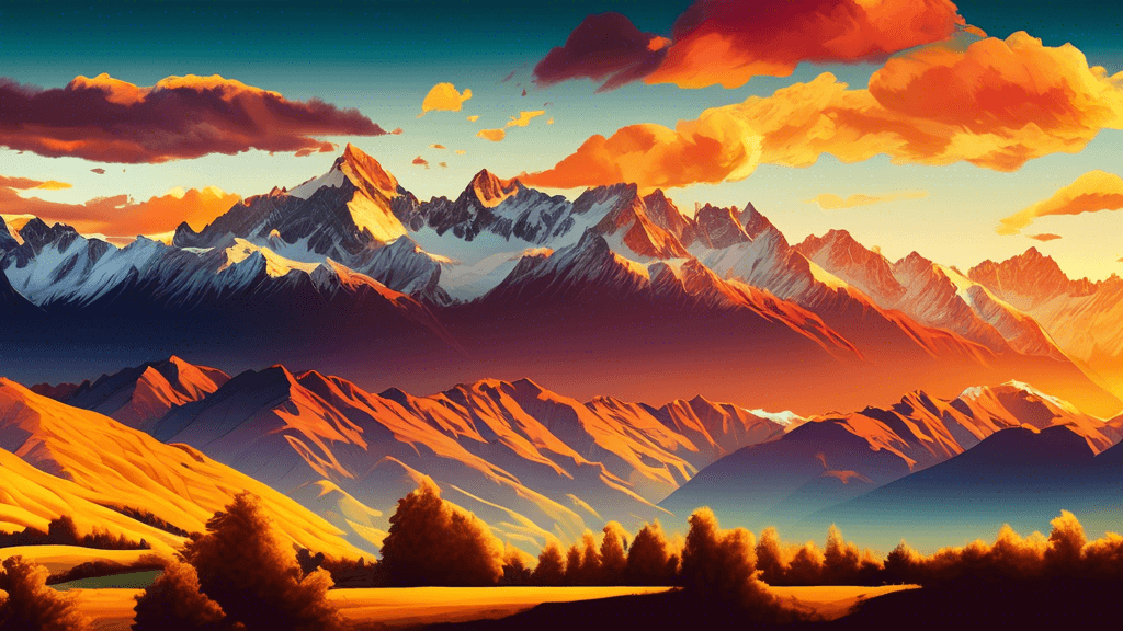 Stunning golden hour panorama over the majestic Southern Alps in New Zealand, capturing the serene beauty with vibrant color details and dynamic cloud formations suitable for a photography collection.