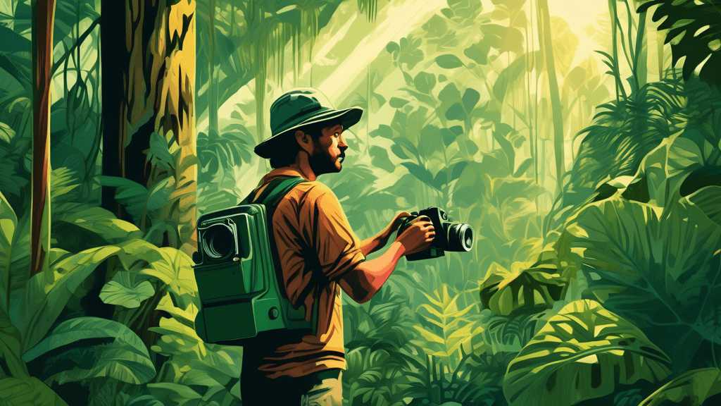 An intrepid photographer in a dense, lush rainforest capturing an endangered species with a vintage camera, surrounded by towering green trees and sunlight filtering through the canopy, highlighting t