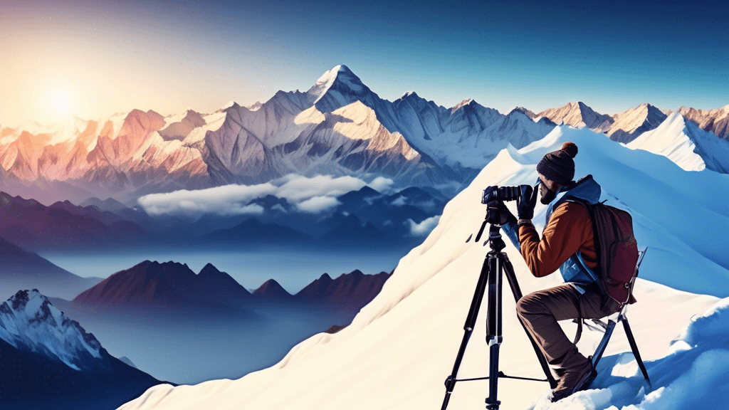 An expert photographer perched on a snowy mountain peak, adjusting a camera on a tripod, with a breathtaking panorama of the Himalayas under a clear blue sky at sunrise.