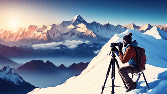 An expert photographer perched on a snowy mountain peak, adjusting a camera on a tripod, with a breathtaking panorama of the Himalayas under a clear blue sky at sunrise.