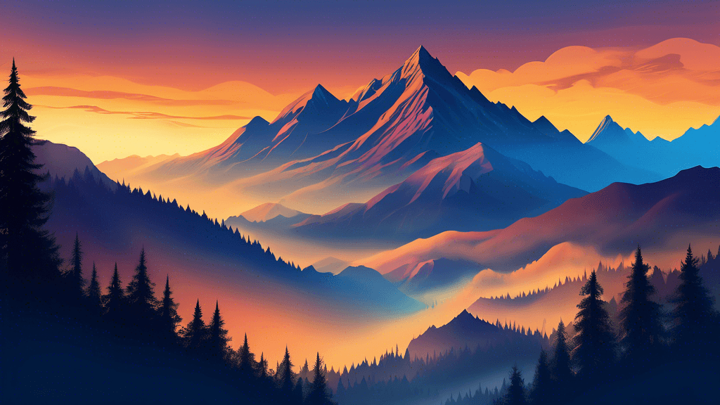 Create an image of a majestic mountain range during sunrise, highlighting sharp contrasts between the brightly illuminated peaks with golden light and the deep, mysterious shadows in the valleys, with