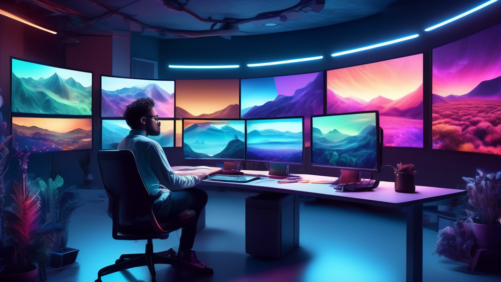 An artist sitting at a digital workspace, surrounded by multiple computer screens displaying various stages of enhanced landscape photos, with tools like color grading, lighting adjustments, and filte