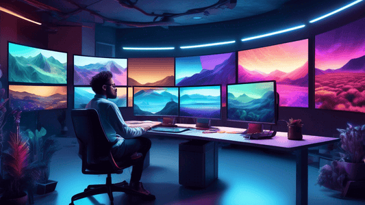 An artist sitting at a digital workspace, surrounded by multiple computer screens displaying various stages of enhanced landscape photos, with tools like color grading, lighting adjustments, and filte