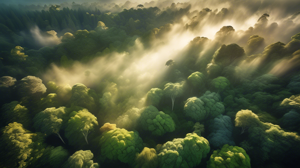 Stunning aerial view of a lush, dense forest canopy in New The Zealand landscape at sunrise, with mist weaving through the trees and light rays peaking through the foliage.