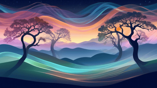 An ethereal landscape at twilight, with translucent, flowing ribbons representing the wind swirling around ancient oak trees on a misty hillside, under a starry sky.