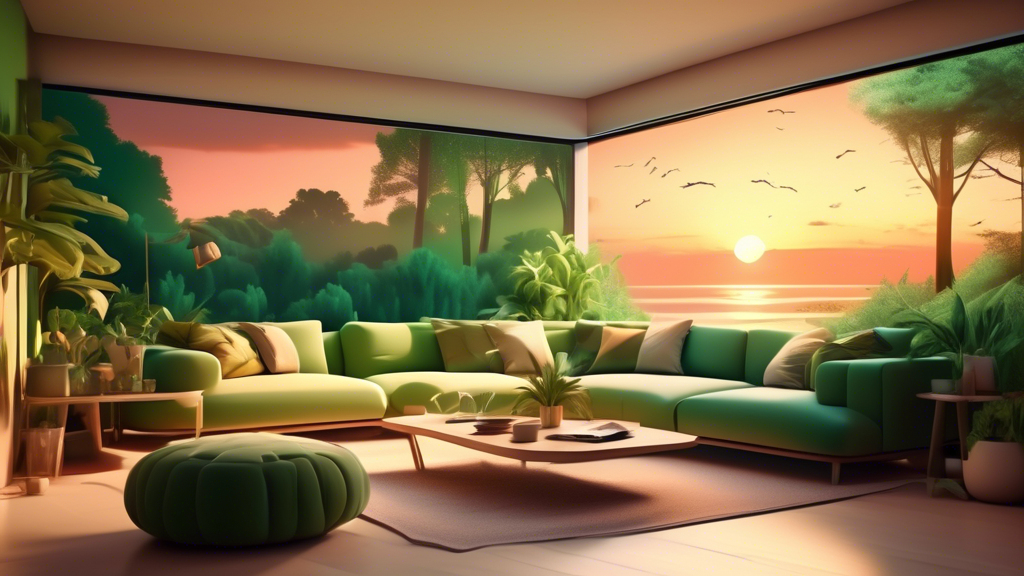 Cozy modern living room interior with large sweeping landscapes on the walls, featuring a lush green forest scene and a tranquil beach sunset, stylish furniture complementing the color palette of the 