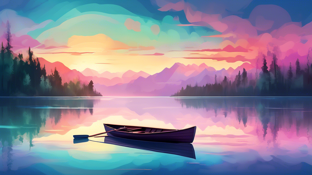 Serene landscape of a crystal-clear lake reflecting the colorful sky at dawn, with gentle mists rising from the surface and a solitary rowboat, surrounded by lush forests and distant mountains.