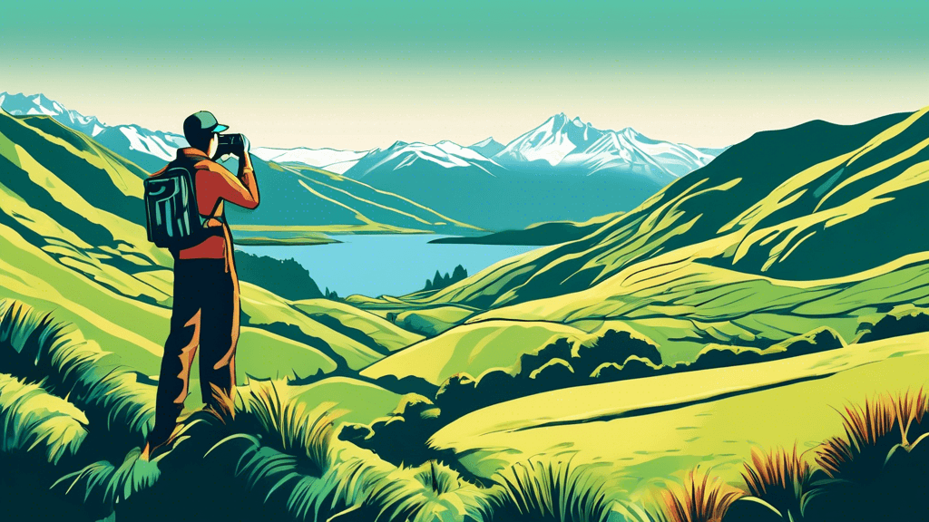 Create an artistic image of a serene landscape in New Zealand, featuring rolling green hills, distant snow-capped mountains, and a clear blue sky, with a person standing on a cliff overlooking the sce