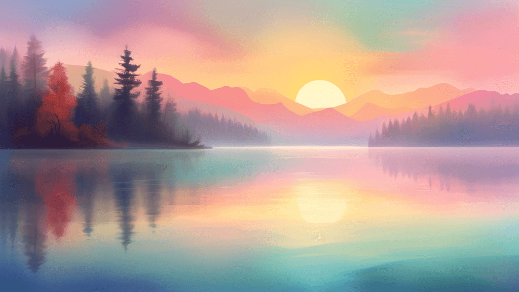 Serene and ethereal landscape featuring a misty, early morning scene with the sun rising over a calm lake, gentle fog hovering over the water, surrounded by forested mountains and a vibrant, colorful 