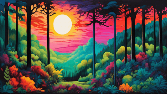 A surreal painting of a split scene, with one side depicting a vibrant, colorful sunrise over a lush forest and the other side illustrating a dark, moody moonlit night in the same forest, highlighting