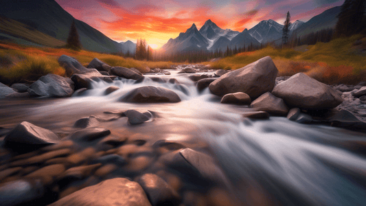 An awe-inspiring landscape photograph showcasing a crystal-clear mountain stream in the foreground with soft, blurry distant mountains, demonstrating shallow depth of field; surrounded by photographer