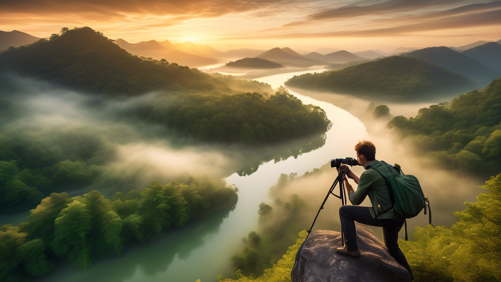 Create a stunning image of a photographer with a camera on a tripod, standing on a cliff overlooking a breathtaking landscape during sunrise. The scene shows vibrant, lush green forests, a crystal-cle