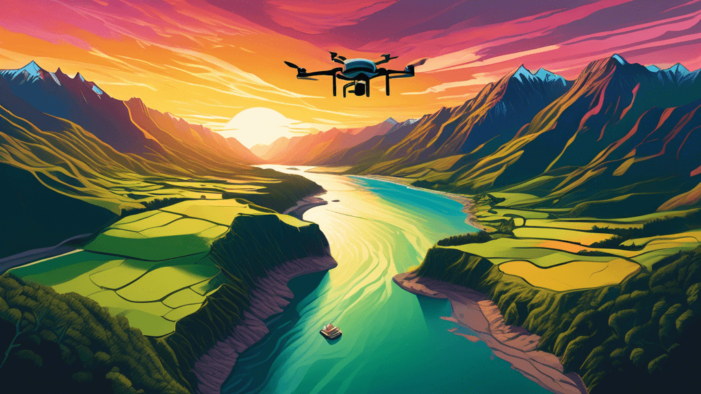 Drone hovering over a breathtaking scene in New Zealand, capturing the rugged coastlines merging into lush green forests under a sunset sky, with mountains in the distance and a river winding through 