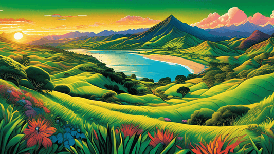 Vibrant digital artwork showcasing a panoramic view of New Zealand's diverse landscapes, featuring the lush green of the Hobbiton hills, rugged Southern Alps peaks, serene beaches of the Coromandel, a