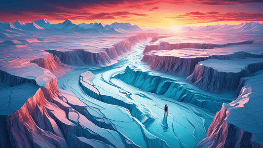 Stunning overhead view of a vibrant glacial landscape during sunset, showcasing deep crevasses and serpentine rivers of melted ice, with a lone photographer standing on a cliff capturing the scene.