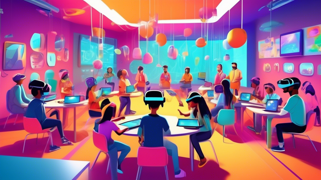 An imaginative classroom filled with students of diverse backgrounds, engaging in various accelerated learning techniques like using virtual reality headsets, interactive group discussions, and AI-ass