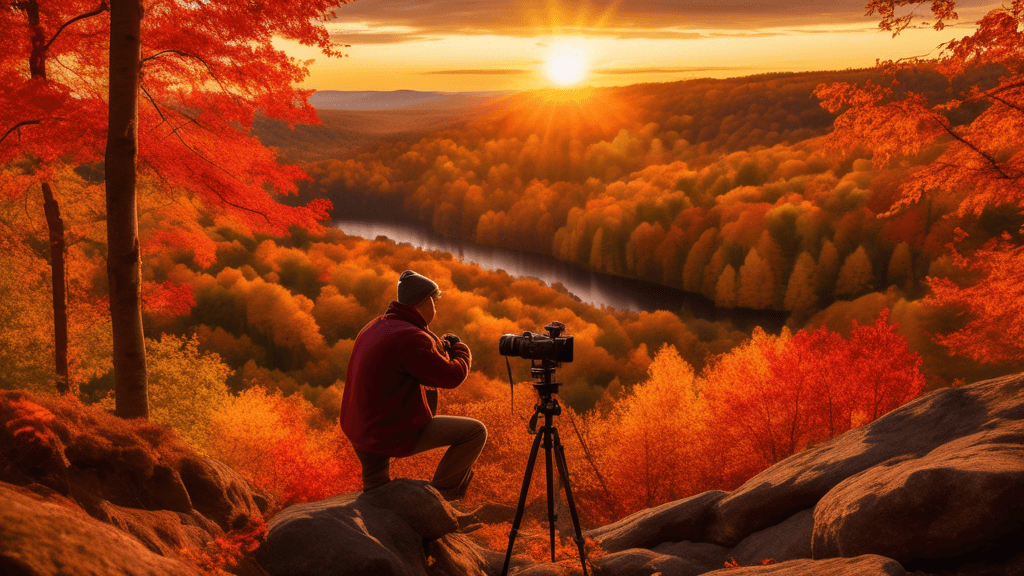 Create an image of a photographer, viewed from behind, setting up a camera on a tripod overlooking a stunning, vibrant autumn landscape. The scene includes a forest with trees displaying a spectrum of