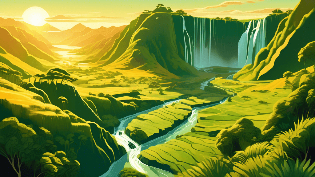 Stunning aerial view of a hidden, lush green valley in New Zealand with cascading waterfalls and rare native birds flying overhead, bathed in the golden light of sunrise.