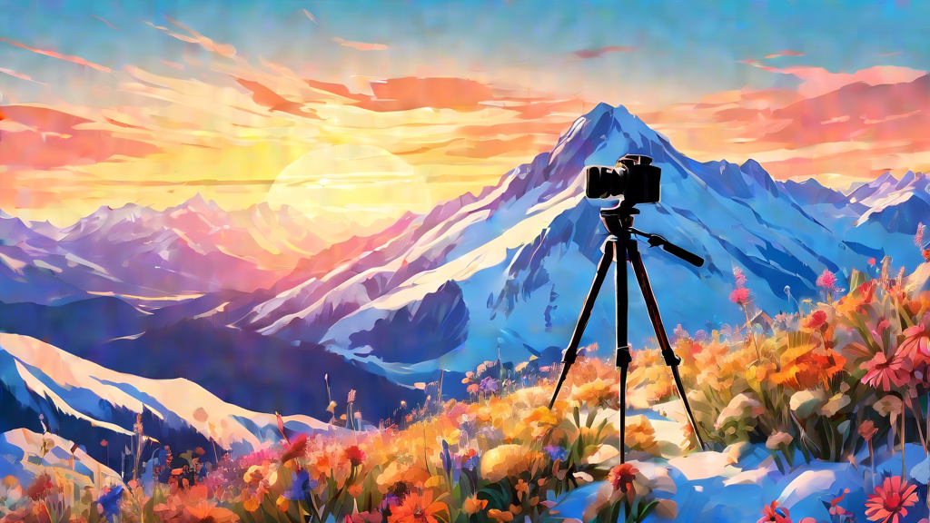 An experienced photographer with a professional camera on a tripod, capturing a breathtaking sunrise over a snow-capped mountain range, surrounded by wildflowers and a clear blue sky.