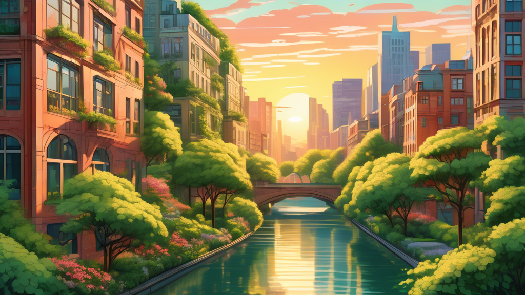 An intricate urban landscape at sunrise, seamlessly blending modern city architecture with lush, overflowing greenery, featuring a river flowing through the city center, surrounded by flowering trees 