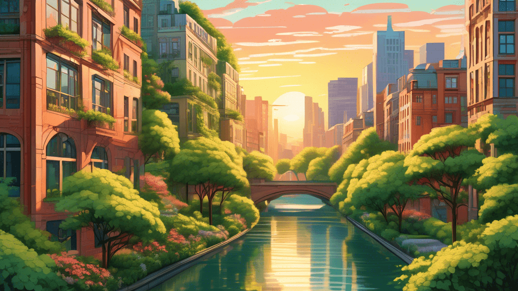 An intricate urban landscape at sunrise, seamlessly blending modern city architecture with lush, overflowing greenery, featuring a river flowing through the city center, surrounded by flowering trees 