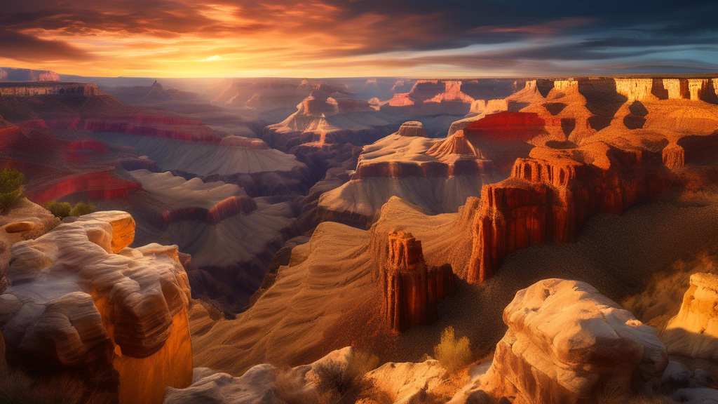 An ethereal landscape at golden hour showcasing a variety of stunning geological formations including a grand canyon, vividly striped sandstone hills, towering basalt columns, and intricate limestone 