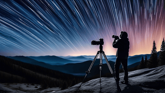 Photographer on a mountain peak using a professional camera on a tripod to capture a stunning time-lapse image of star trails and the bright galactic core in the night sky, with a clear, star-filled b