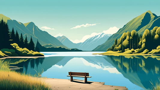 A panoramic view of a serene, secluded lake in New Zealand, surrounded by lush green forests and majestic mountains, with a lone wooden bench on the shore under a clear blue sky.