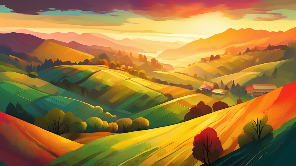 Create an artistic aerial view of a lush, rolling hillside landscape at sunrise, highlighting rich textures and vivid colors, with patches of mist in the valleys and a golden sun casting long shadows,