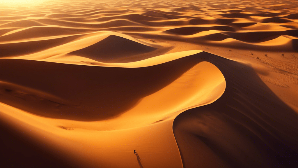 An artistic aerial view of an endless desert with sun casting shadows that enhance intricate patterns and textures on the sand dunes, during golden hour, evoking a tranquil and mysterious ambiance.