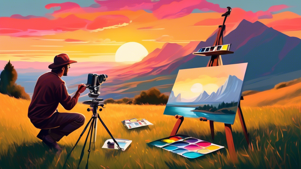 An artist painting a breathtaking landscape scene on a canvas, set on a grassy hill during sunset with a variety of photography equipment laid out beside them.
