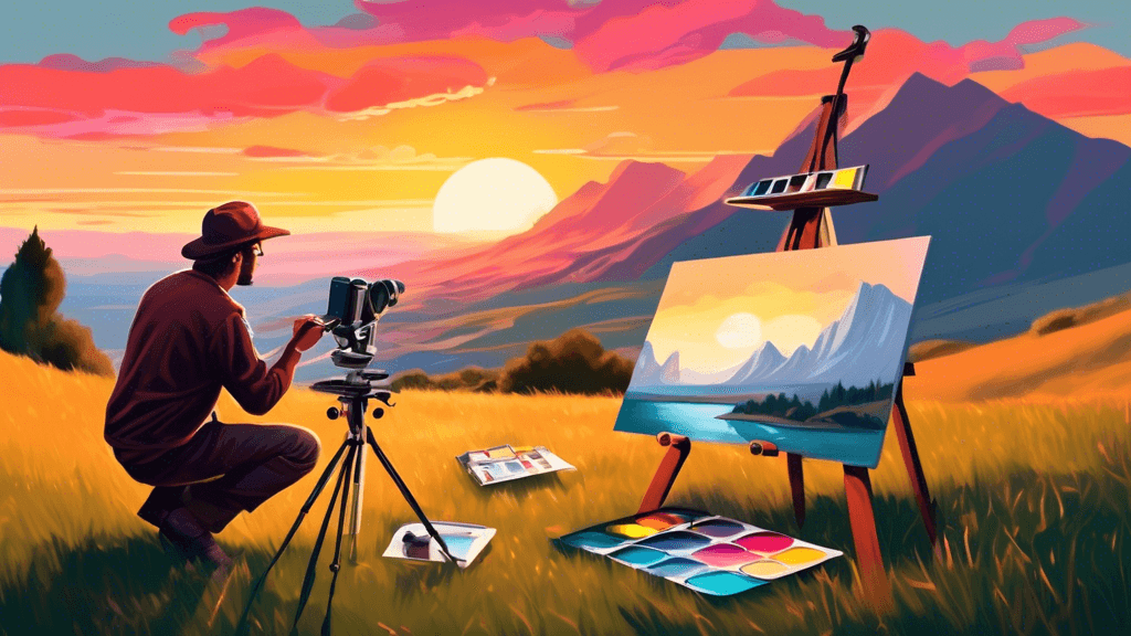 An artist painting a breathtaking landscape scene on a canvas, set on a grassy hill during sunset with a variety of photography equipment laid out beside them.