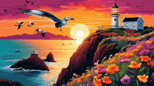 An enchanting sunset casting warm glows over a historic lighthouse perched on a rugged cliff along New Zealand's picturesque coastline, with soaring seabirds and blooming wildflowers in the foreground