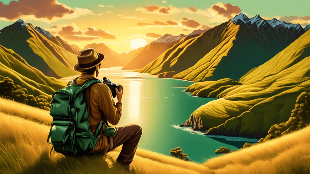 An expert photographer capturing the breathtaking landscapes of New Zealand, including lush green hills, dramatic fjords, and ancient forests, under a golden sunset sky, with a vintage camera and wear