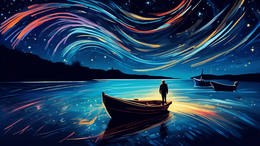 Create an image of a photographer at a remote seaside, capturing the starry night sky, with long exposure light trails from passing boats, in a stylistic blend of realism and impressionism.