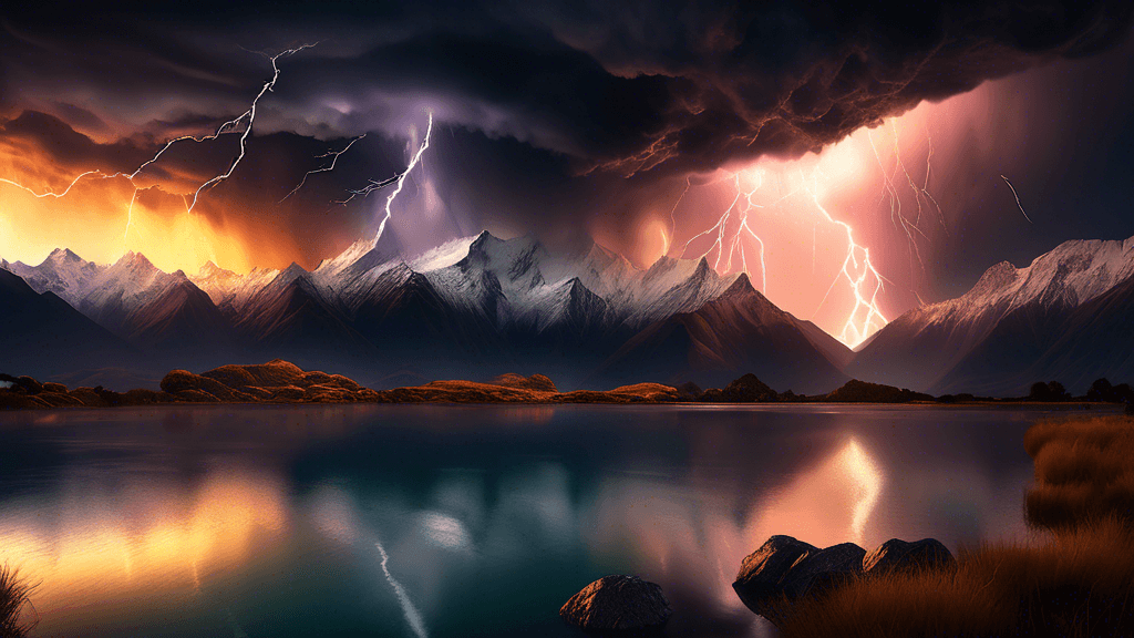 Stunning portrayal of a climactic thunderstorm over the Southern Alps in New Zealand, showcasing dramatic lightning strikes and ominous clouds, illuminated by the golden light of sunset, with rugged m