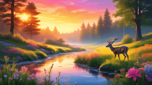 Vibrant sunrise illuminating a peaceful meadow, with a deer drinking from a crystal-clear stream, surrounded by lush greenery and blooming wildflowers, in a photorealistic style.