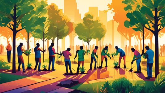 Volunteer photographers planting trees in a city park during golden hour, with each photographer capturing the lush greenery and newly planted saplings, emphasizing the intersection of community servi