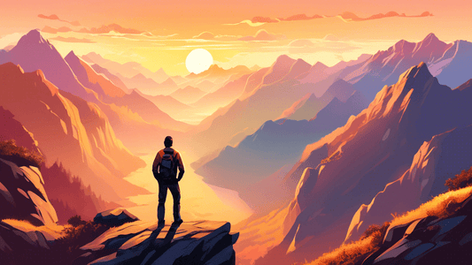 A serene and breathtaking mountain landscape at sunrise, with a lone photographer standing on a cliff, capturing the vast panoramic view of rugged peaks, lush valleys, and a distant eagle soaring in t