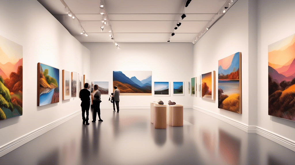 An elegant art gallery with walls adorned with an array of breathtaking landscape photographs, showcasing diverse natural scenes from around the world, attended by an interested crowd of art enthusias