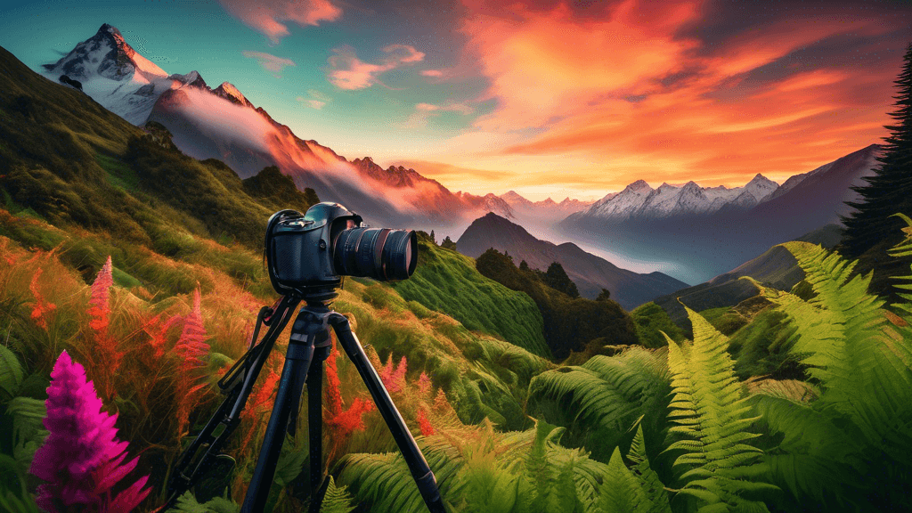 Vibrant sunrise over the misty peaks of the Southern Alps in New Zealand, with a professional photographer setting up a tripod and camera in the foreground, framed by lush green ferns and wildflowers.