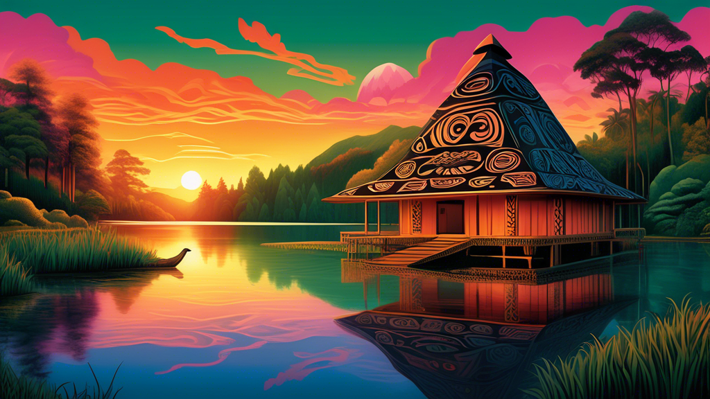A serene image of a traditional Maori carved meeting house with intricate designs, positioned by a tranquil lake surrounded by lush green forests, under a vibrant sunset in New Zealand.