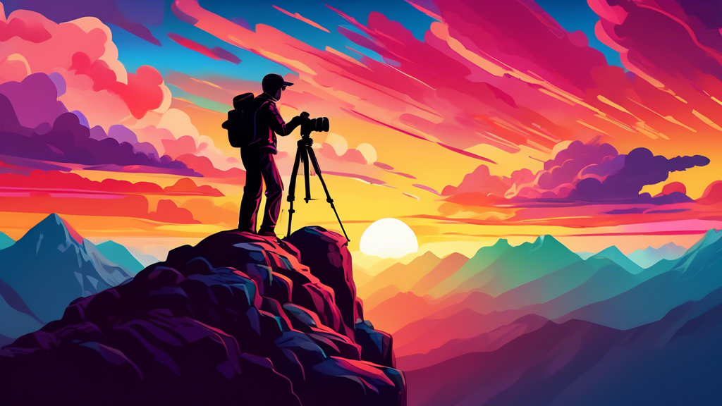 An intrepid photographer standing on a rugged cliff, camera in hand, capturing a stunning sunrise over a panoramic mountain range, with a colorful sky and dramatic clouds in the background.