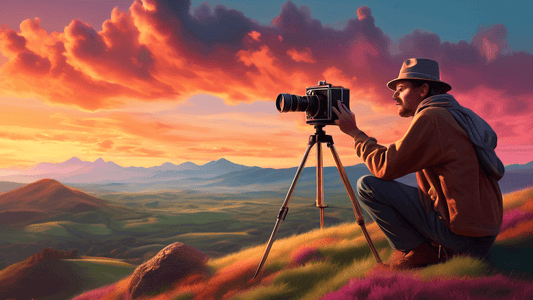 An expert photographer on a tranquil hilltop at sunset, setting up a vintage camera on a tripod, skillfully capturing the breathtaking horizon where the vibrant, colorful sky meets the serene, rolling