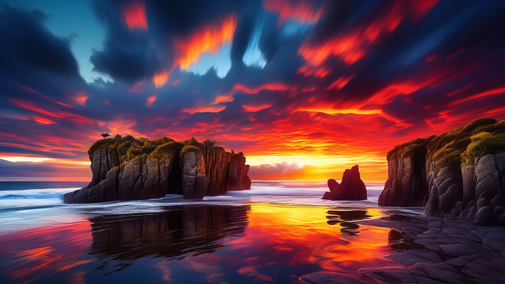 An awe-inspiring landscape photograph of a sunset over the Pancake Rocks in Punakaiki, New Zealand, with vibrant colors casting reflections over the water and dramatic clouds in the sky, capturing the