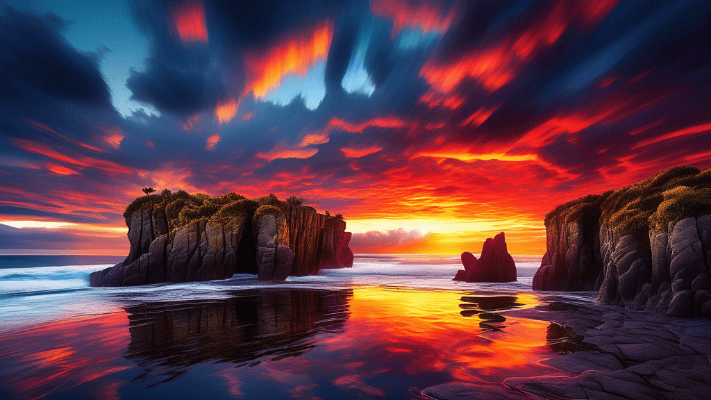 An awe-inspiring landscape photograph of a sunset over the Pancake Rocks in Punakaiki, New Zealand, with vibrant colors casting reflections over the water and dramatic clouds in the sky, capturing the