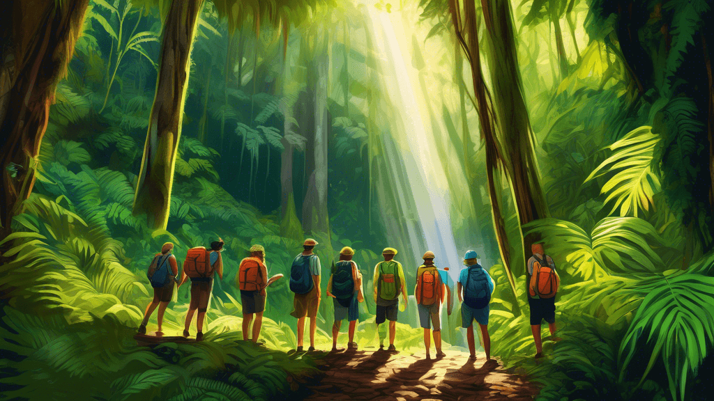 Vibrant digital painting of a small group of tourists following an expert guide through a lush, untouched rainforest in New Zealand, with giant ferns and a hidden waterfall in the background, sunbeams